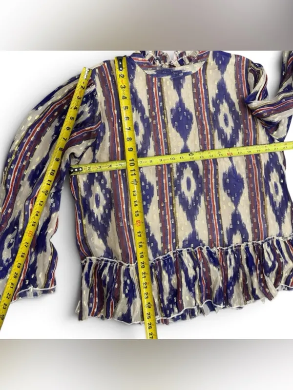 Oliphant Silk & Cotton Purple Ikat Ruffle Hem Long-Sleeve Top Size Large💜 - Image 13
