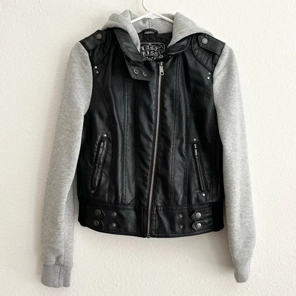 Last Kiss Y2K Black Leather Hybrid Gray Hooded Zip Moto Jacket Size Medium - Image 3