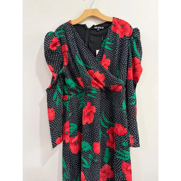 Girl In Mind Alana Puff Shoulder Midi Dress Black Red‎ Floral Polka Dot US 12 - Image 5