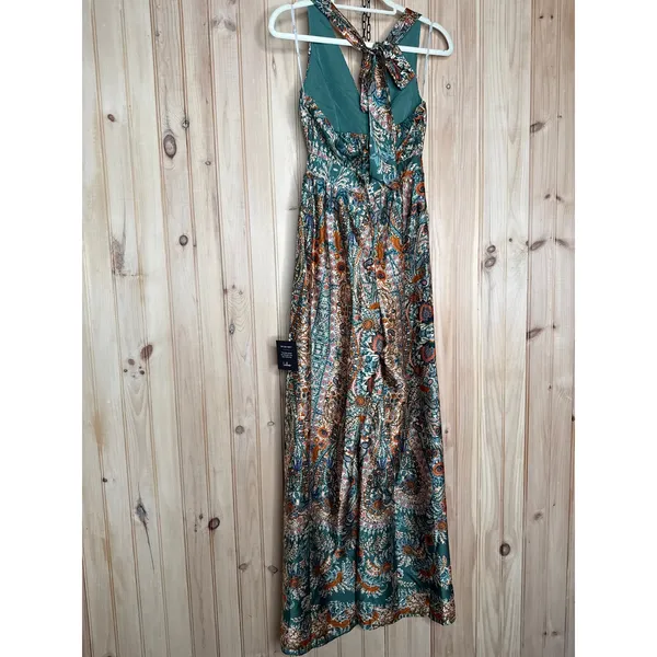 NWT Lulus Divine Wanderings Teal Green Scarf Print Satin Wide-Leg Jumpsuit Sz XS - Image 6