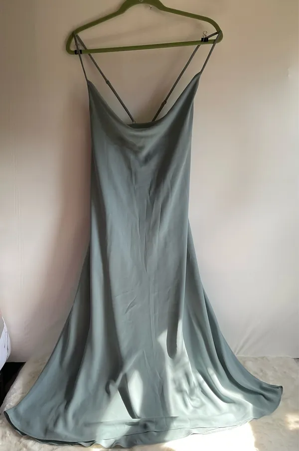 Show Me Your Mumu Verona Cowl Dress Size L Silver Sage Green Luxe Satin Slip Gown - Image 7