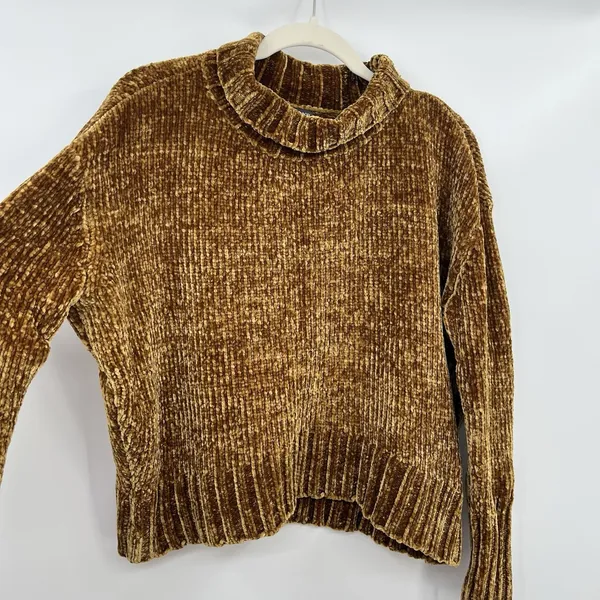 Women's Sweater Velvet Chelsea & Theodore Mock Mustard Yellow Brown Crop Relax - Image 6