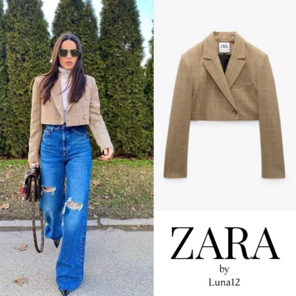 Zara | NEW Plaid Houndstooth Cropped Jacket XS European Chic Boxt‎ Office Fall - Image 2