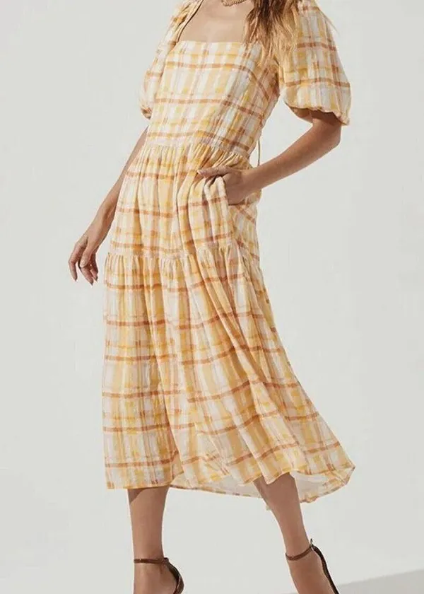 astr the label Ilana Dress Yellow Plaid M Open back Boho Puff Sleeve Pockets - Image 3