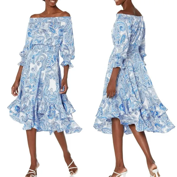 Tahari New Smocked Dress Asymmetrical Ruffle Hem Blue Paisley NWT Women Size 16 - Image 14
