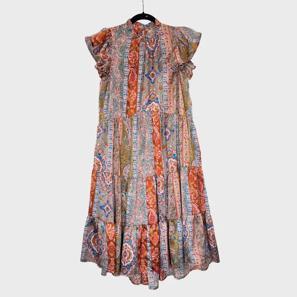 Pinch Womens Dress Brown Midi Tiered Floral Flutter Flowy A Line Boho Medium - Image 2