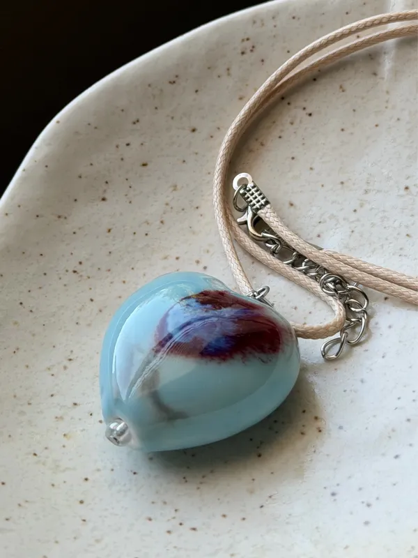 Handmade chunky large heart ceramic bead cute fairy boho whimsy necklace🩵 - Image 5