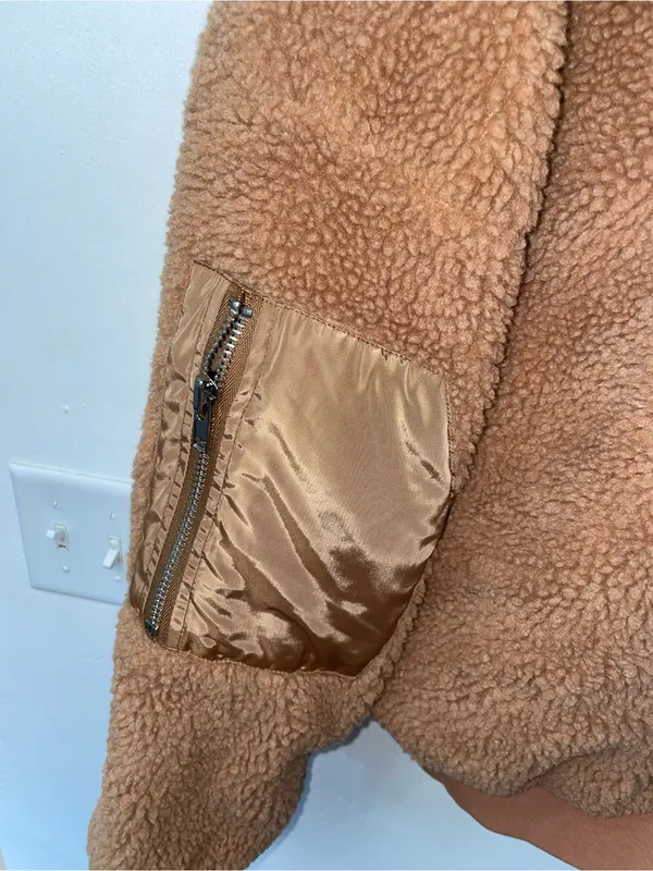 Women’s S/M Teddy Sherpa Bomber Jacket Camel Brown Quilted Lined - Image 3