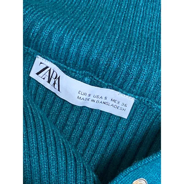 Zara Women's Teal Blue Ribbed Knit Long Sleeve Henley Sweater Crop Top Size S - Image 5