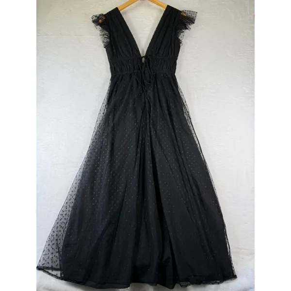 Lulus Black Swiss Dot Tulle Maxi Dress XS Ruffle Deep V-Neck Smocked Waist‎ - Image 11
