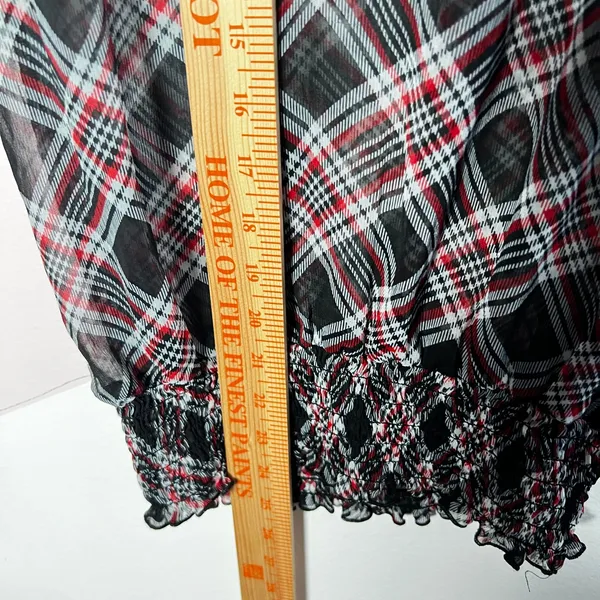 Vtg Y2K 2000s Plaid Top Women's Small Red Sheer Smocked Grunge‎ Goth - Image 4