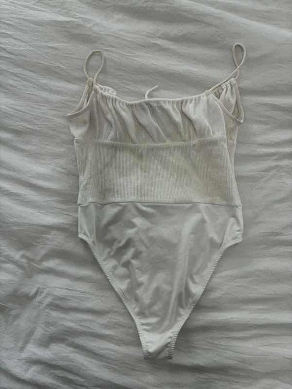 Princess Polly Cream Ribbed Tank Bodysuit with Tie Front - Image 3