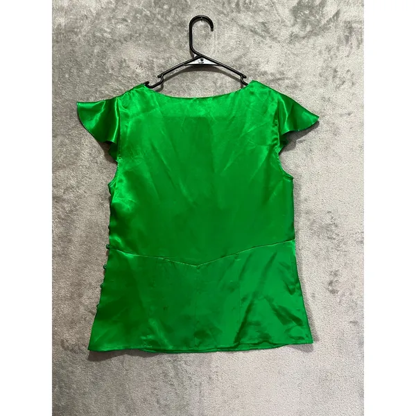 Vintage Y2k Polo Baby Doll Green 100% Silk Ruffle Sleeve Blouse Women’s Medium - Image 3