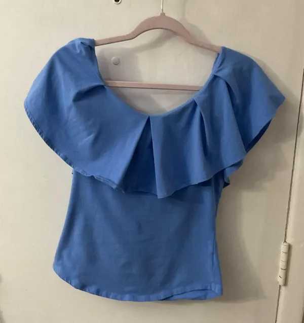 Free People Off Shoulder Blue Ruffle Neckline M Boho Coquette Girl Balletcore - Image 3