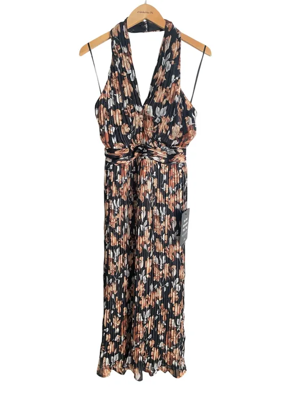 Lulus Gardena Black Floral Pleated Cross-Front Halter Midi Dress - Image 3