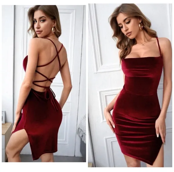 SheIn Strappy lace up backless Velvet Bodycon Dress in Burgundy - Image 2