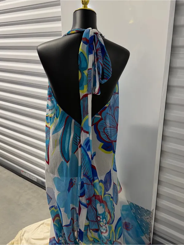 Zury Blue Floral Halter Maxi Cover Up Dress Rayon Beach Swim Cover Up One Size - Image 3