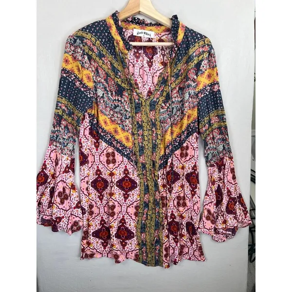 The Rustic Rack Boutique Bohemian Floral Print V Neck Flared Sleeve Blouse Sz M - Image 13