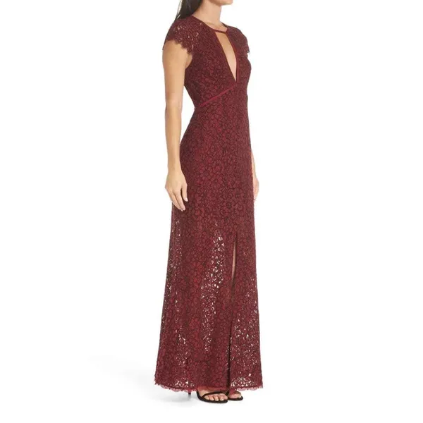 Harlyn Anthropologie Pomegranate Keyhole Maxi Lace Dress Burgundy‎ S Cap Sleeve - Image 2