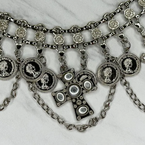 Rhinestone Cross and Coin Charm Silver Tone Metal Chain Link Belt OS One Size - Image 6