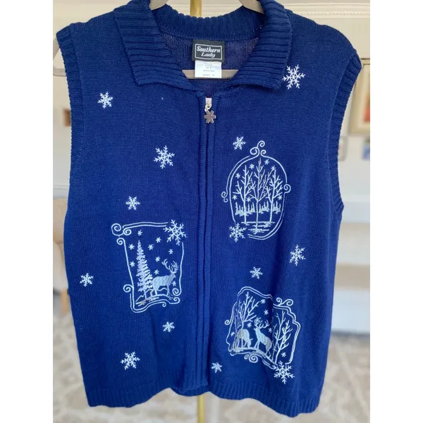Southern Lady Snowflake Sweater Vest Christmas Navy Blue Embroidered Parisian M - Image 2