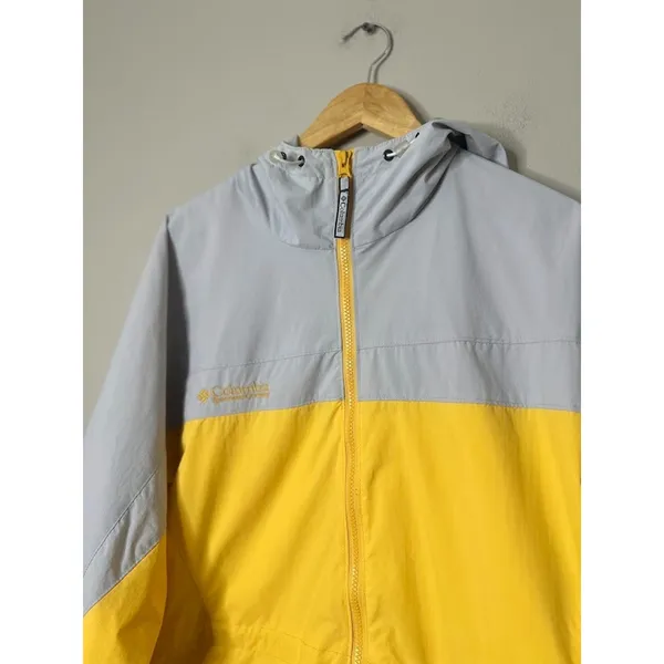 Columbia Packable Windbreaker‎ Jacket Womens Large Yellow Grey Hooded Full Zip - Image 2