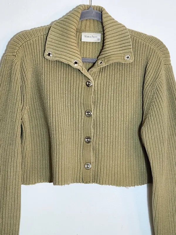 Marco Pecci Green Ribbed Knit Cropped Cardigan Sweater Size 48 IT / US 14 Flaw - Image 2