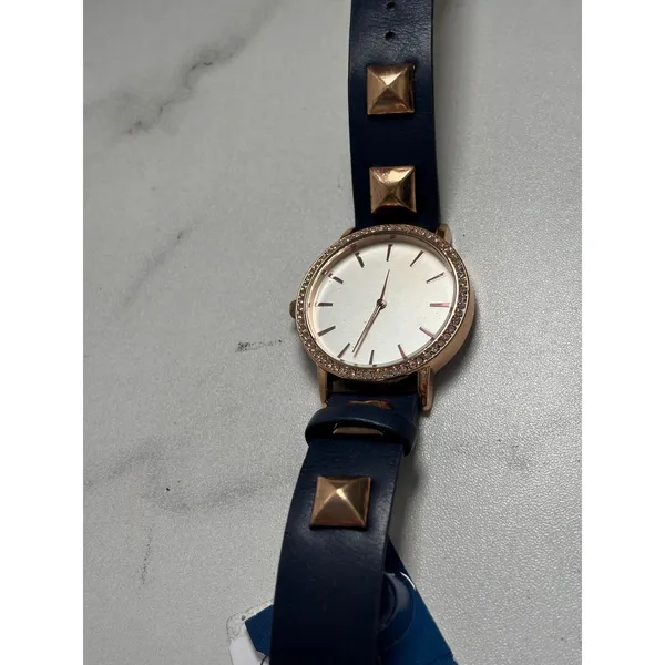 Womens Rose Gold Crystal Bezel Watch Navy Blue Studded Strap Fashion‎ Timepiece - Image 2