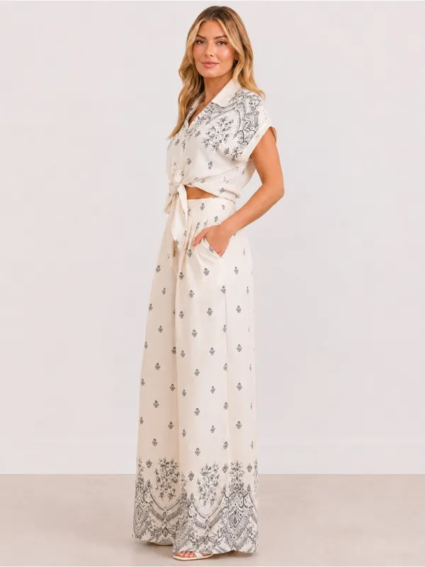 Cream Printed Wide-Leg Two-Piece Pant Set Small - Image 3