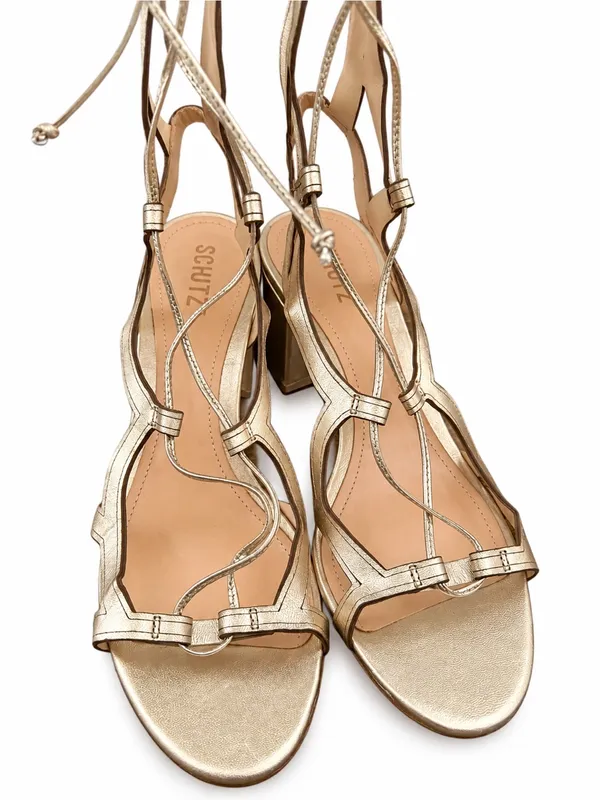Schutz Perlie Gold Leather Knee High Tie Up heels Gladiator sandals boots 8 - Image 3