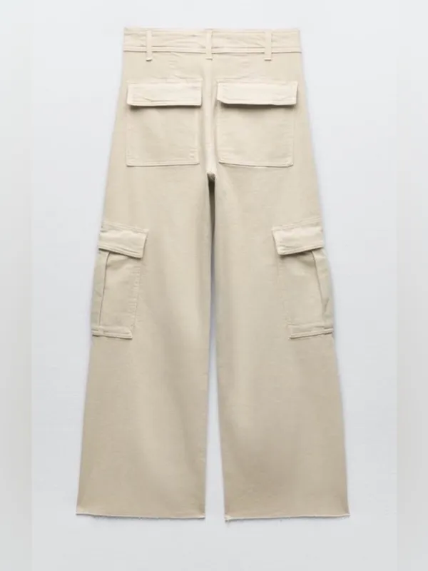 ZARA High Waisted Marine Cargo Jeans Raw Hem Khaki Beige Wide Leg Retro‎ Size 14 - Image 9