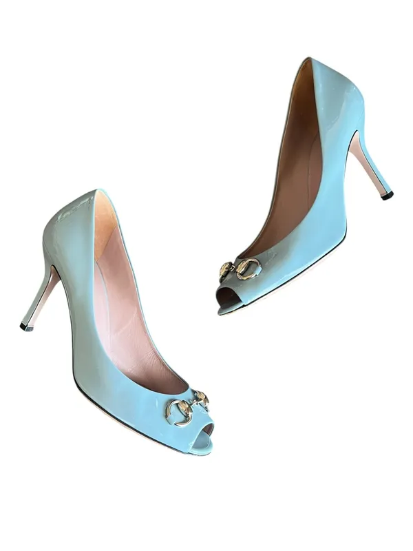 Gucci Women’s Silver Horsebit Light Blue Patent Leather Peep Toe Heels Size 39 - Image 4