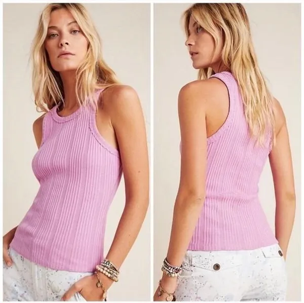 Pilcro Anthropologie Light Pink Ribbed High Neck Tank Top Cotton Size Small - Image 2