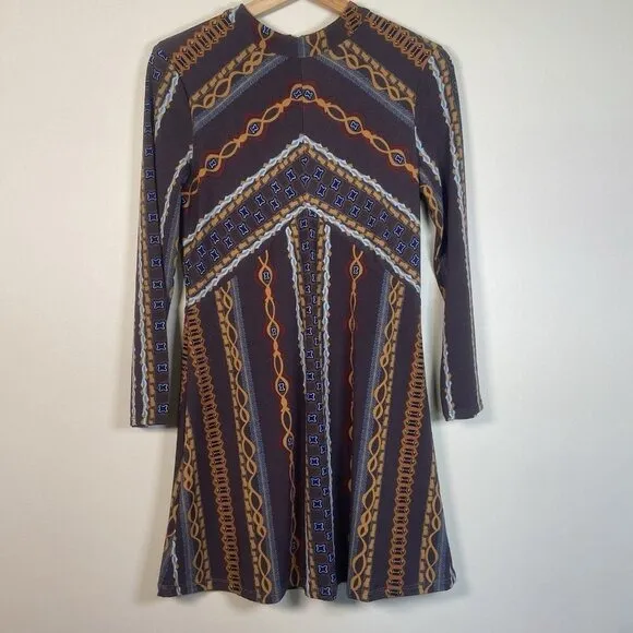 Free People Bloom Geometric Chevron Print Long Sleeve Mock Neck‎ Mini Dress S - Image 3