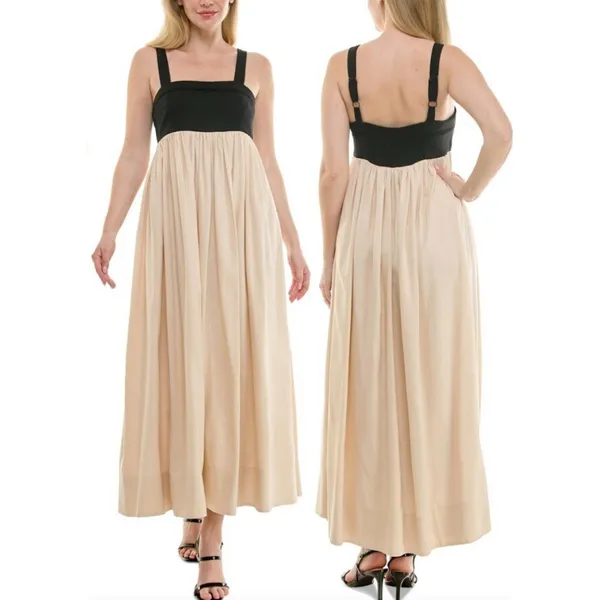 NWT Taylor Sleeveless Empire Waist Maxi Dress‎ Womens Size 10 Black Beige Linen - Image 2