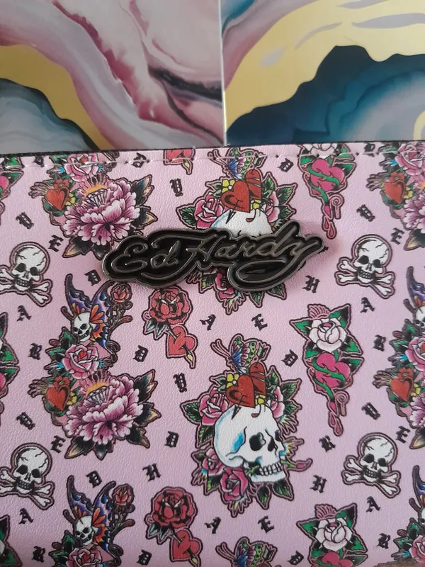 Ed Hardy Y2K Skull Roses Tattoo Wristlet Zip Around Wallet - Image 2