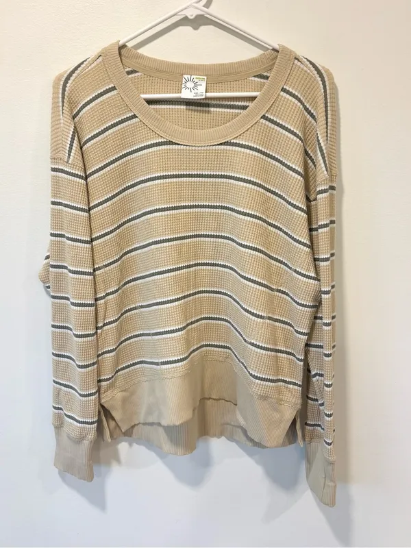 Offline By Aerie Yellow Green White Striped Waffle Knit Long Sleeve Scoop Neck - Image 2