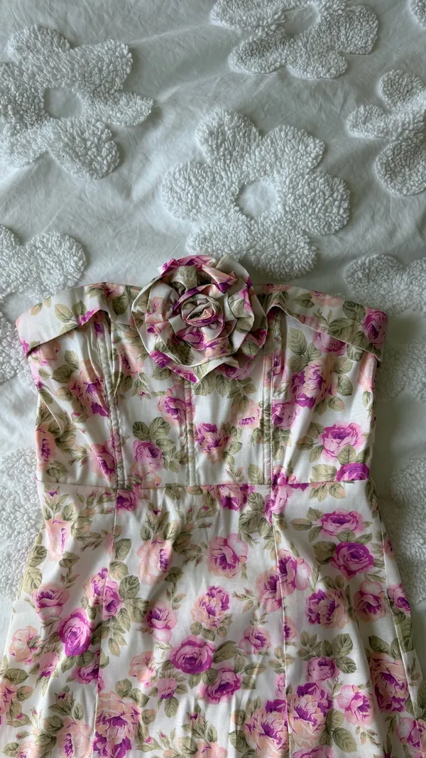 For Love & Lemons Pink Floral Strapless Dress with Rosette Detail - Image 2