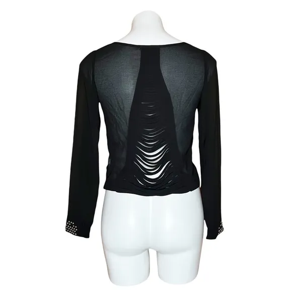 Do Be Black Sheer Mesh Long Sleeve Slashed Shredded Back Studded Cuff Top Small - Image 3