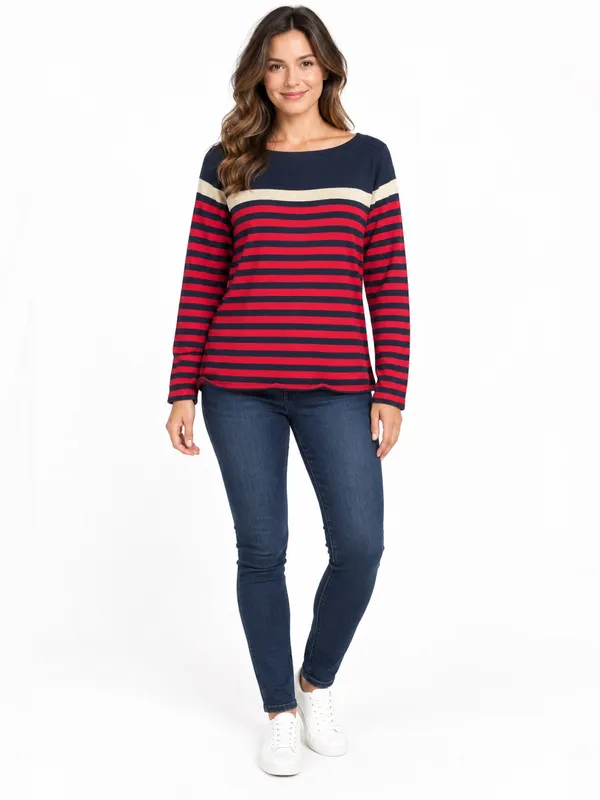 Tommy Hilfiger Women’s L Red Navy Gold Striped Cotton Sweater - Image 3