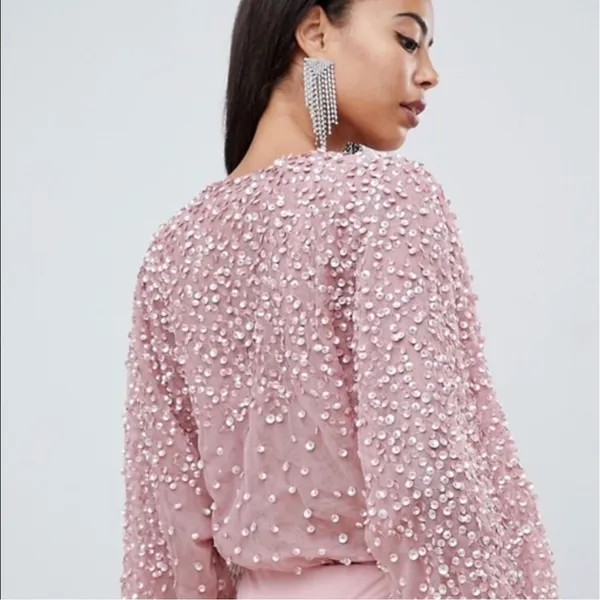 NWOT Asos Maya Bodysuit Sequin Embellished Blush Wrap Blouse sz 8 - Image 2
