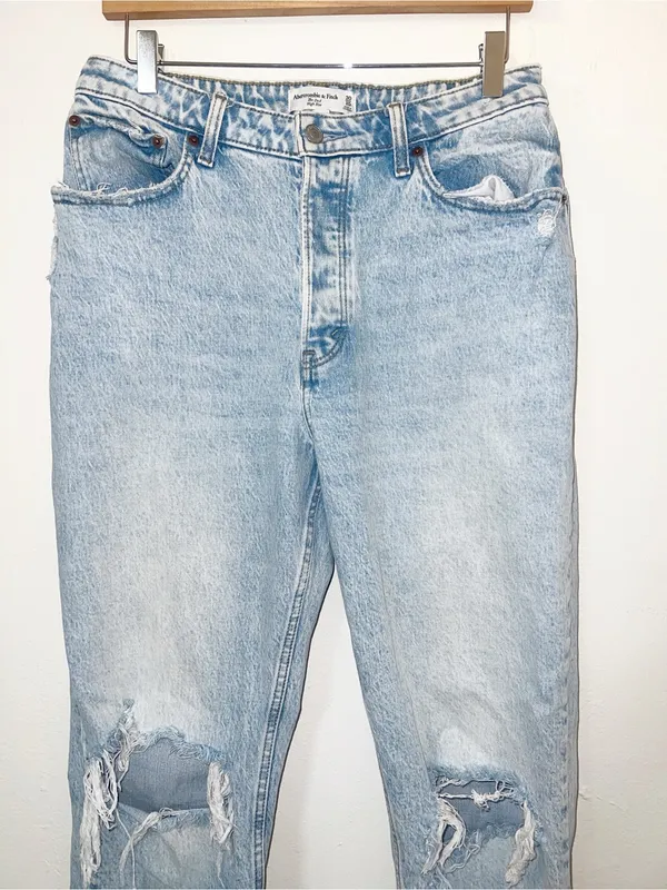 Abercrombie & Fitch The Dad Curve Love Distressed Light Blue High Rise Jeans - Image 2