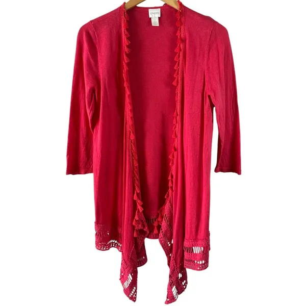 Chico’s Coral Linen Blend Open Front Tassel Cardigan Lightweight Size 1 Medium - Image 2