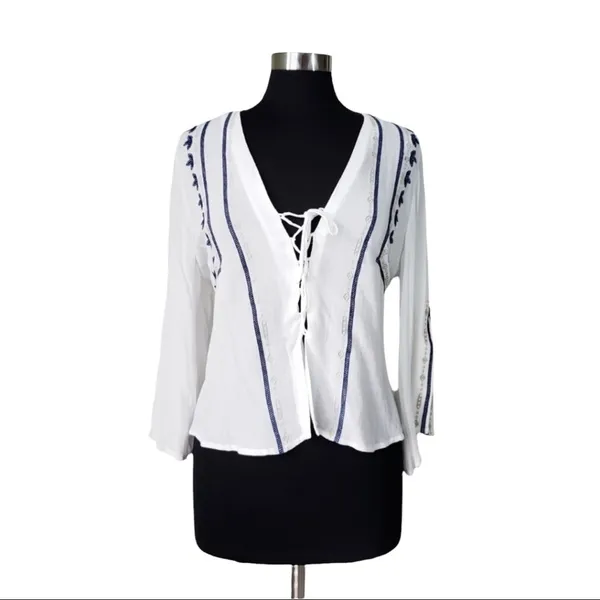 Lush Clothing Boho Peasant Blouse White Blue Embroidered Lace Up Bell Sleeve Top Womens L - Image 2