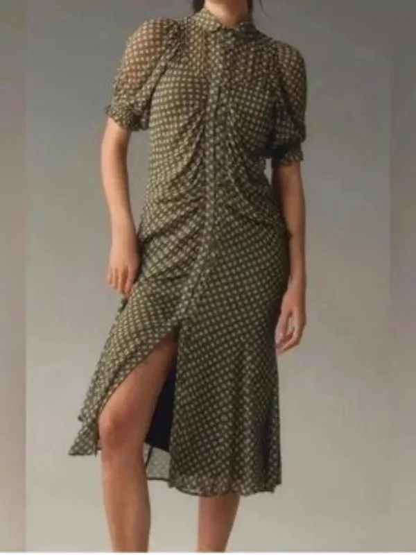 NWT Anthropologie Button Front Puff Sleeve Midi Dress -‎ Moss Green Floral 0 - Image 3
