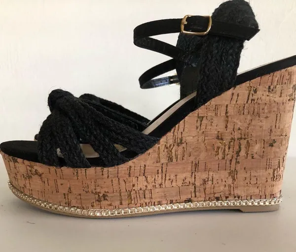 Time And Tru Womens Cork Wedge Platform Black Sandals Size 7 Gold Cork Trim New - Image 3