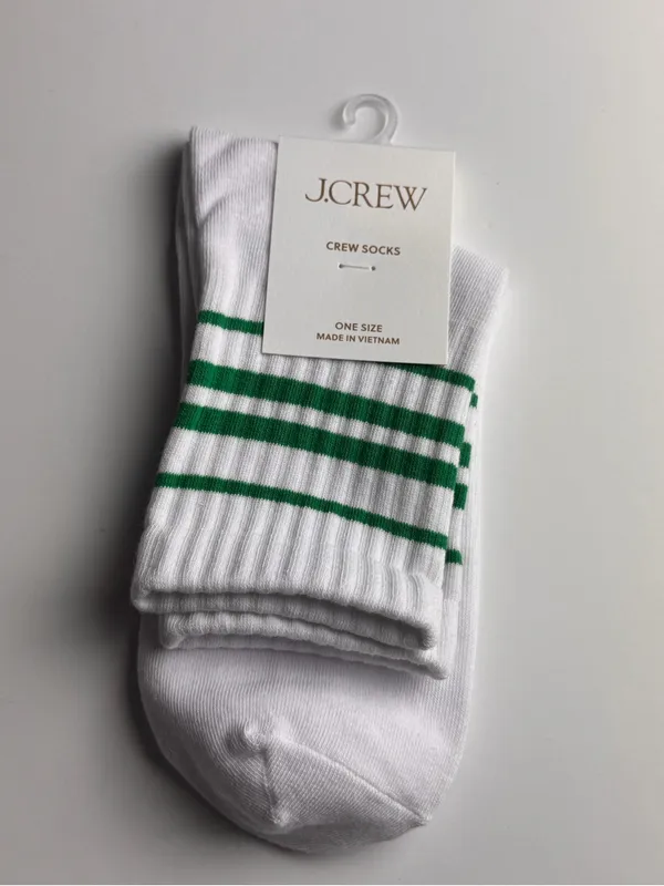 J. Crew White Crew Socks with Green Stripes New With Tag One Size - Image 2