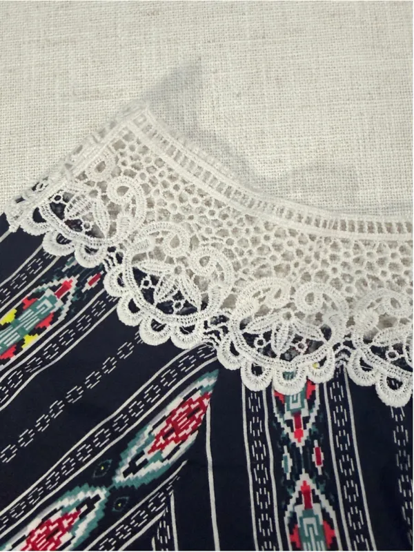 Julia Boho Geometric Striped Crochet Lace Fringe Bell Sleeve Top Black Large - Image 9