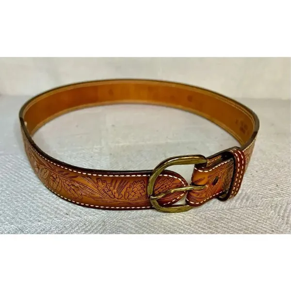 Vintage Western Tooled Leather Belt Pine Pattern& LINDA Across Middle Back Sz 32 - Image 3