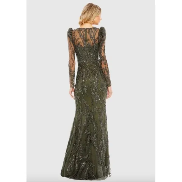 NWT Mac Duggal 20349 Olive Green Beaded V-Neck Gown‎ Long Sleeve Formal Sz 10 - Image 2